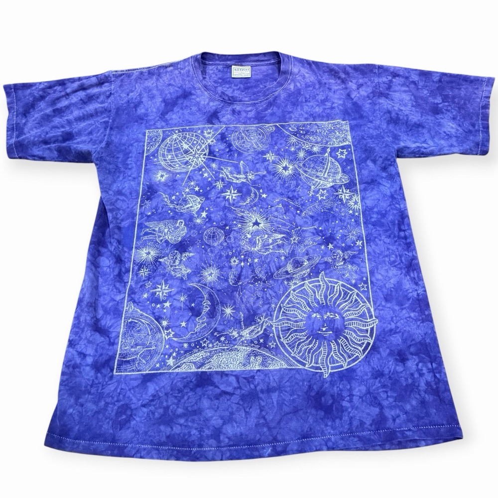 Vintage 90s Y2K All Sport Heavyweight XL Tie Dye Celestial Zodiac Space T Shirt